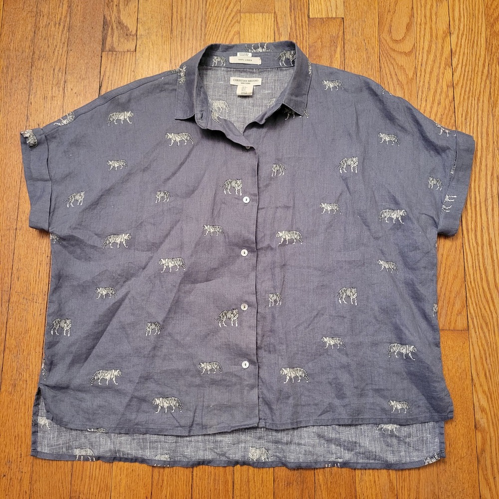 Christian Siriano S Button Down Gray Linen Tiger Print Hi Low Boxy Top Lagenlook